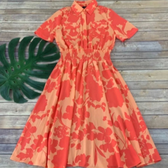 Halogen Orange Pink Floral Smocked Utility Cathy Short Casual Dress - Picture 1 of 5